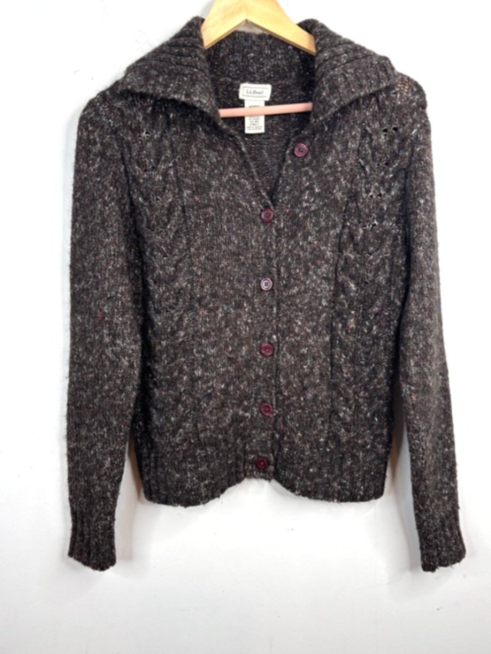 LL Bean Cable Knit Cardigan Sweater XS Wool Blend Button Front Brown Collared